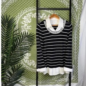 Charter Club Black White Striped Faux Layered Sweater Pearl Collar Medium
